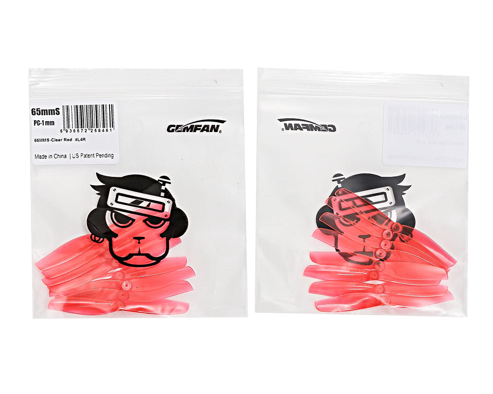 Gemfan 65mmS PC 2-Blade Props – Clear Red (Choose Shaft Size, 4 Pairs)