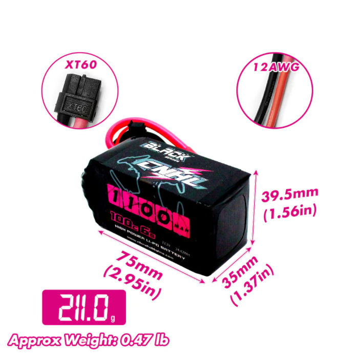 CNHL Black Series 1100mAh 22.2V 6S 100C LiPo Battery (XT60 Plug) - Zencopter