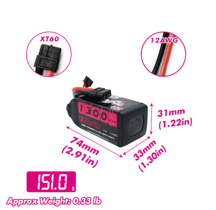 CNHL Black Series V2.0 1300mAh 14.8V 4S 130C LiPo Battery (XT60 Plug) - Zencopter