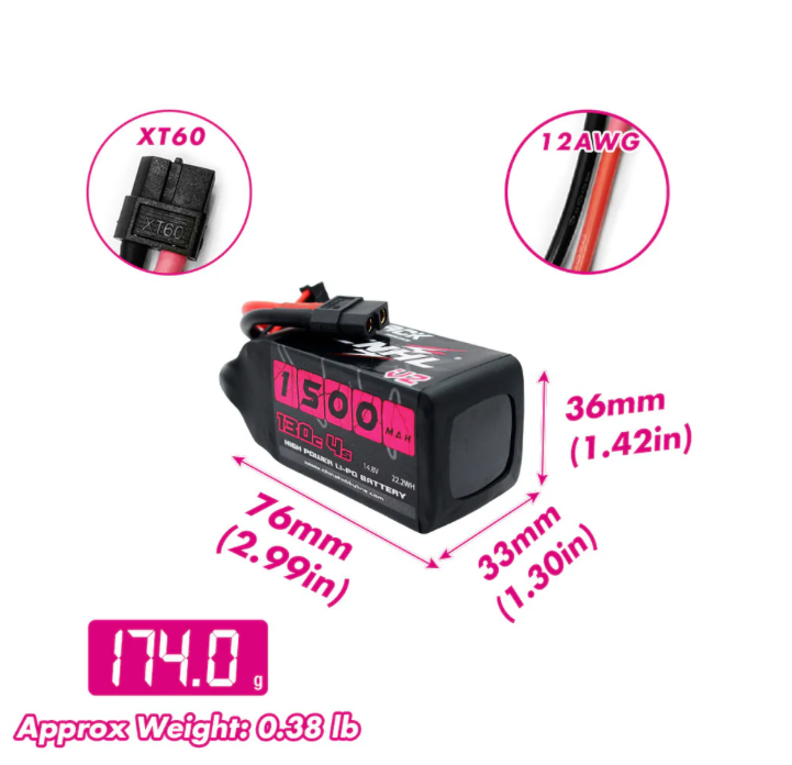 CNHL Black Series V2.0 1500mAh 14.8V 4S 130C LiPo Battery (XT60 Plug) - Zencopter