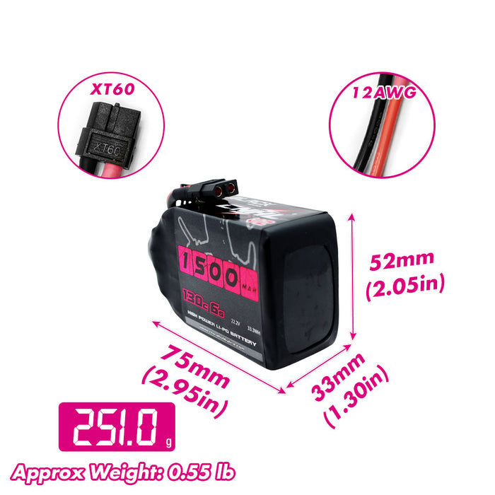 CNHL Black Series V2.0 1500mAh 22.2V 6S 130C LiPo Battery (XT60 Plug) - Zencopter