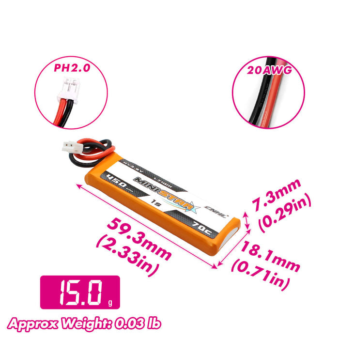 CNHL MiniStar Series 450mAh 3.8V 1S 70C HV LiPo Battery (PH2.0 Plug) - Zencopter