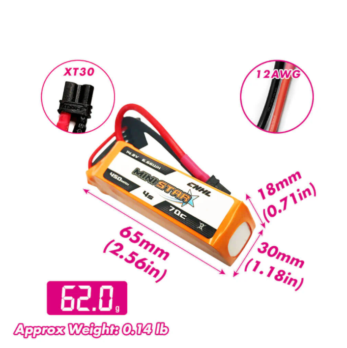 CNHL MiniStar Series 450mAh 14.8V 4S 70C LiPo Battery (XT30U Plug) - Zencopter