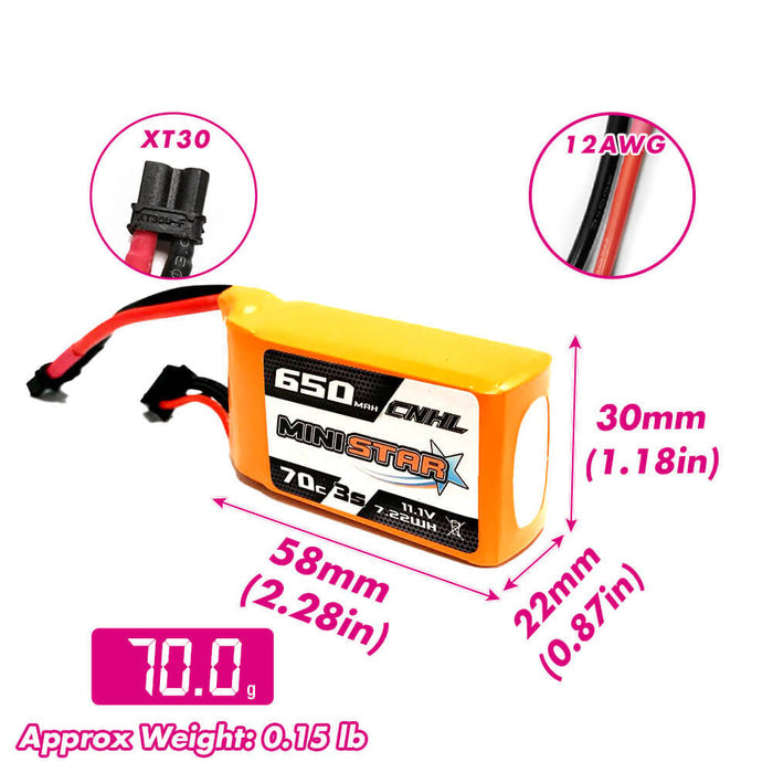 CNHL MiniStar Series 650mAh 11.1V 3S 70C LiPo Battery (XT30 Plug) - Zencopter