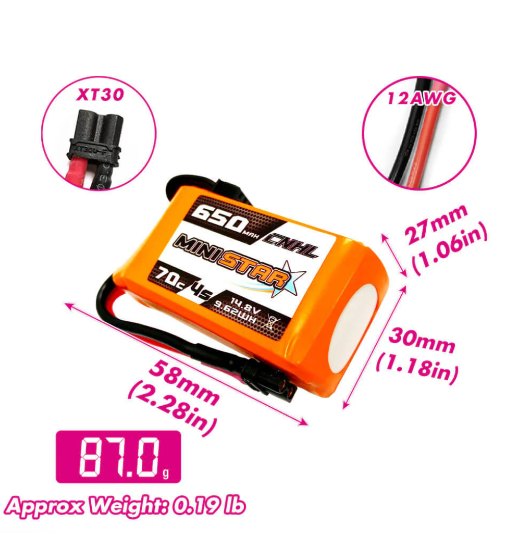 CNHL MiniStar Series 650mAh 14.8V 4S 70C LiPo Battery (XT30U Plug) - Zencopter