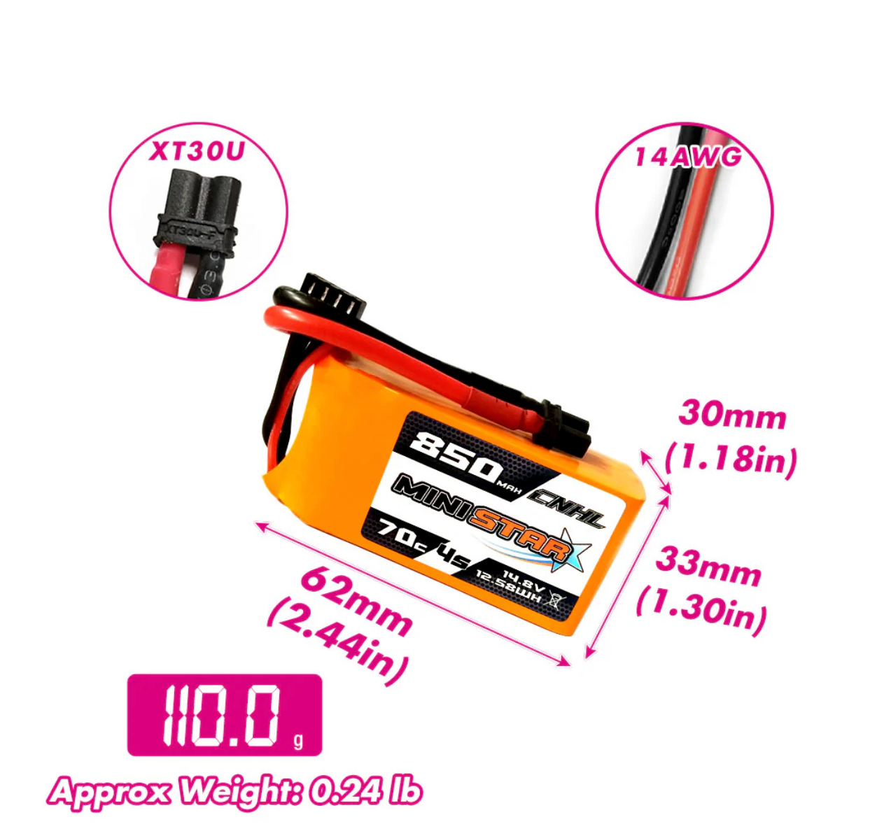 CNHL MiniStar Series 850mAh 14.8V 4S 70C LiPo Battery (XT30 Plug) - Zencopter