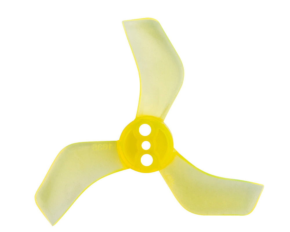 A single yellow three-blade 40mm Gemfan propeller for micro FPV drones.