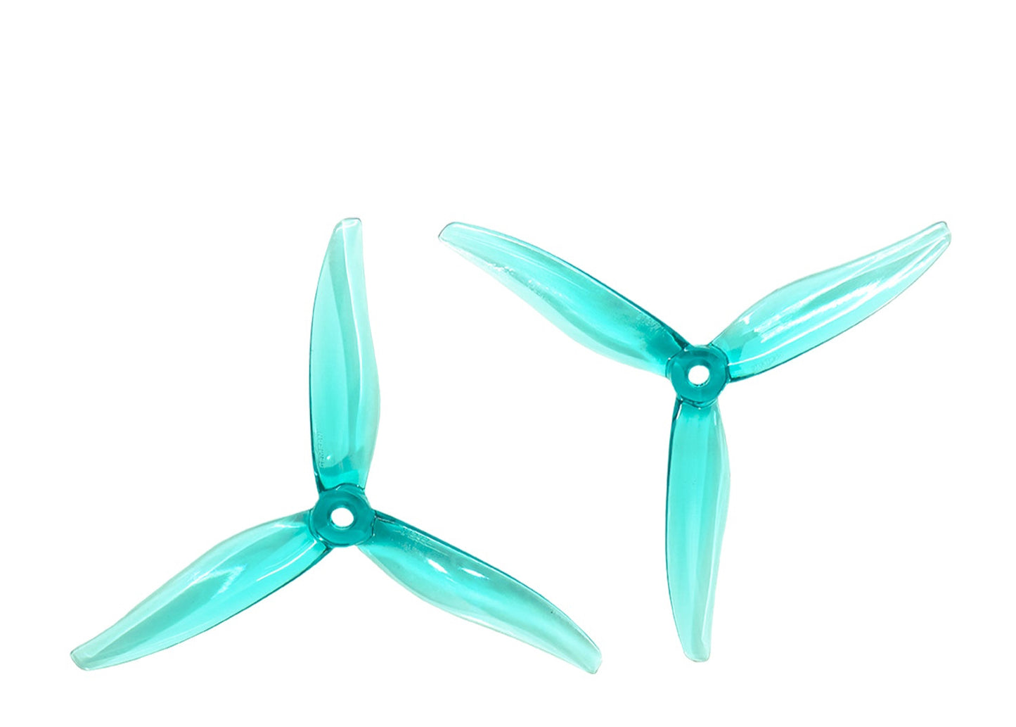 A pair of Gemfan 51377 Hurricane MAX 3-Blade Propellers in Transparent Cyan color.