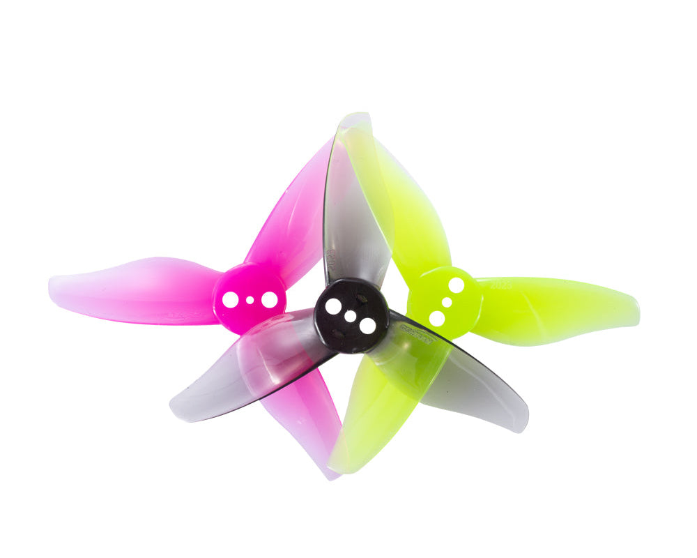 Three-blade propellers in pink, green, and clear colors, designed for micro FPV drones, showing both CW and CCW orientations.
