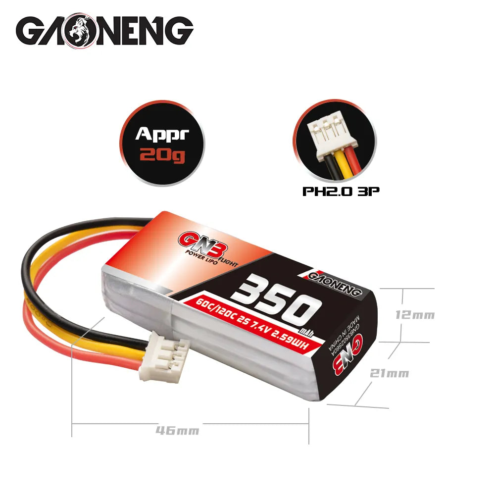 Gaoneng GNB 2S 7.4V 350mAh 60C Lipo Battery PH2.0 3Pin Connector