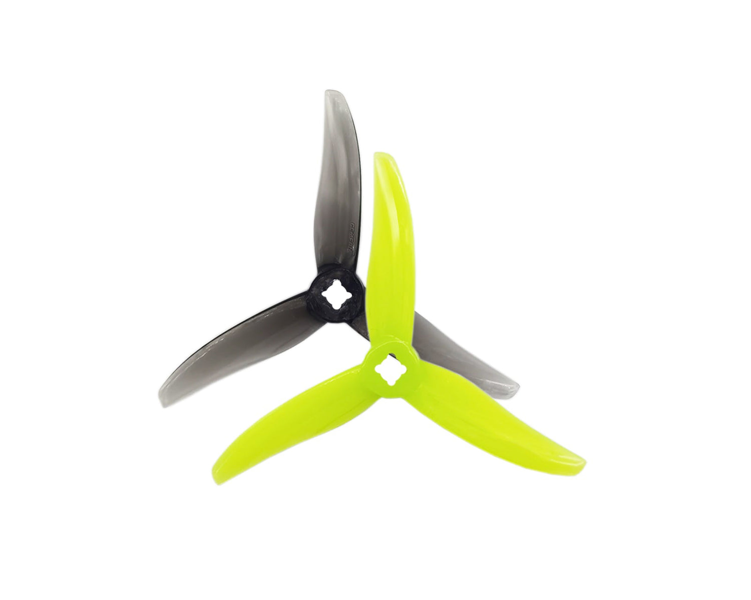 A set of Gemfan Hurricane 3525 3-Blade Propellers in yellow and black colors with dual mounting holes.